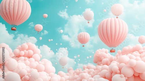 Dreamy pastel pink sky filled with floating hot air balloons and fluffy cottony clouds