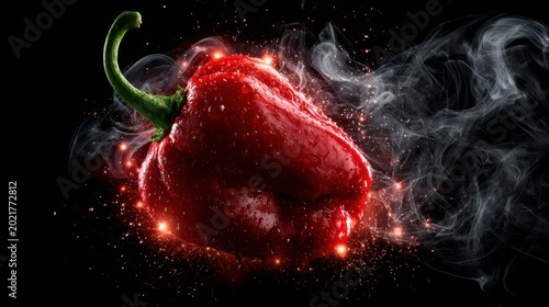 Red bell pepper glowing with fiery sparks and smoke in a dramatic macro studio shot for spice branding and gourmet culinary marketing
