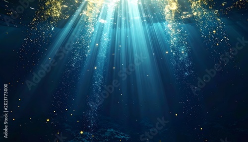 A bright light shines through dark water with gold particles