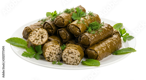 Delicious Stuffed Grape Leaves Dolma on White Plate Garnished with Parsley and Mint Isolated