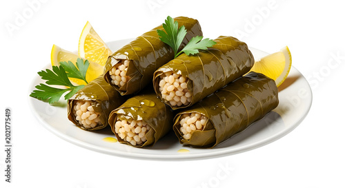 Delicious Stuffed Grape Leaves Dolma with Lemon and Parsley Isolated
