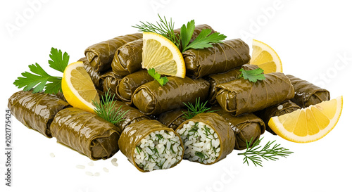 Delicious Stuffed Grape Leaves With Lemon Slices And Fresh Herbs Isolated