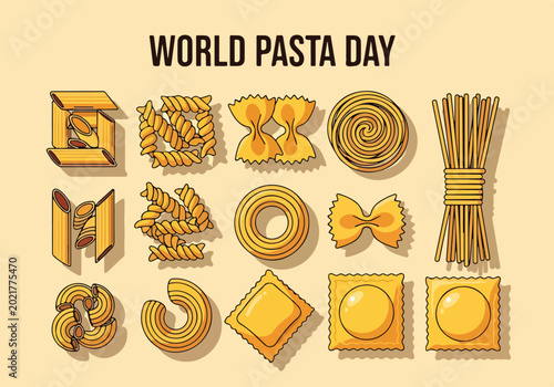 Bild auf Leinwand A digital illustration of various pasta shapes for World Pasta Day