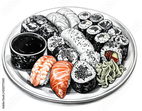 Delicious Sushi Plate with Salmon Nigiri and Soy Sauce Realistic Photo