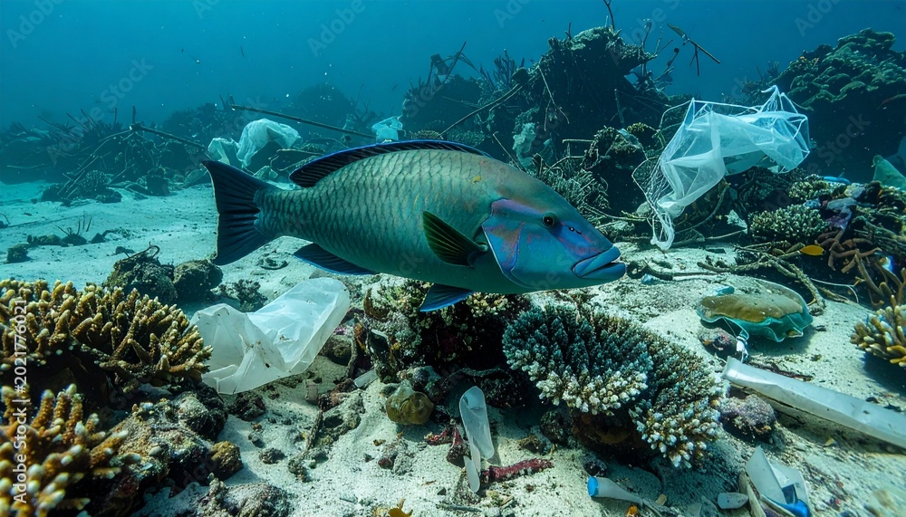 Fototapeta premium Fish swimming among plastic pollution on coral reef underwater