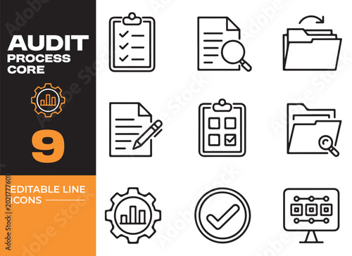 Clean Audit Process Core Outline Icons For Financial Reporting