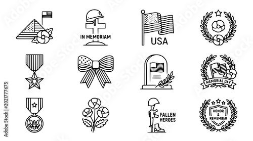 Foto American Patriotism Icons: Memorial Day, USA Flag, Poppy, Military Symbols Set