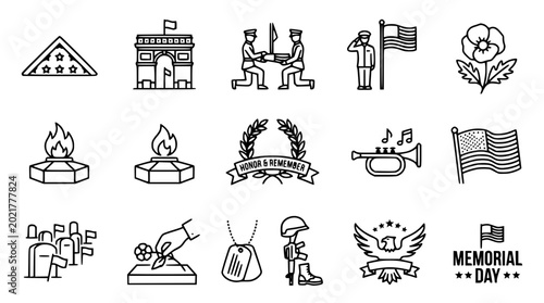 Tableau sur toile Memorial Day Icons: USA Flag, Poppy, Soldier, Tombstone, Arch, Trumpet, Eagle