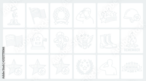 Tableau sur toile Collection of Military and Memorial Day Icons: Soldier, Flag, Tombstone, Wreath,