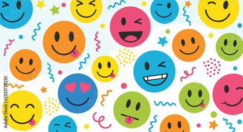 A colorful pattern of various smiley faces and shapes