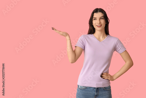 Young woman in stylish lila...