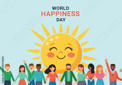 Fotografija A diverse group celebrating World Happiness Day with a smiling sun