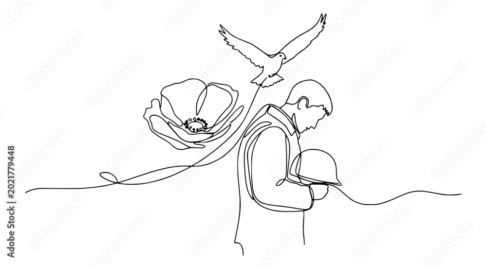 Fototapeta premium Remembrance Soldier, Poppy, Dove, Continuous Line Art - Symbol of Peace and Memory