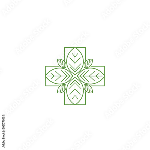 Green leaf design in a cross shape symbolizing nature
