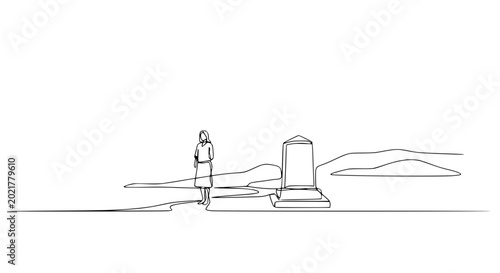 Quadro su tela Woman standing near tombstone, minimalist line art, abstract landscape, solitary