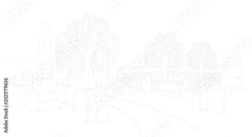 Schilderij op canvas Cemetery landscape sketch with obelisk, willow trees, and graves