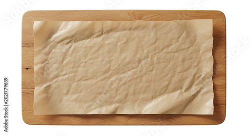 Crumpled Brown Baking Paper on Wooden Cutting Board Isolated