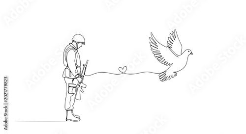 Quadro su tela Soldier releases dove with heart symbol, continuous line art, peace concept