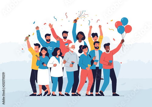 Quadro su tela A diverse group of people celebrating with colorful confetti and balloons