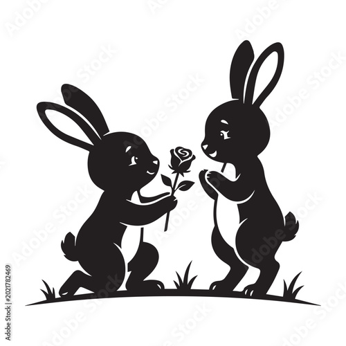 Romantic Bunny Proposal with Rose Silhouette Vector