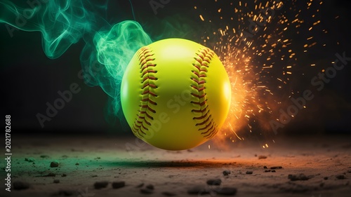 Neon yellow softball ball flying through green smoke and orange fire sparks on dark ground.