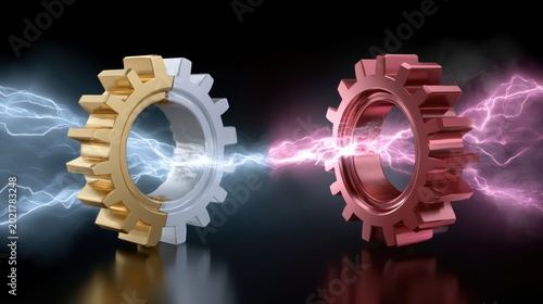 Two metallic gears, one gold and one red, facing each other with electric energy arcs connecting them against a dark background.