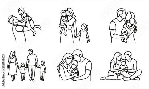 Canvas Print Collection of line drawings depicting families in various affectionate poses wit