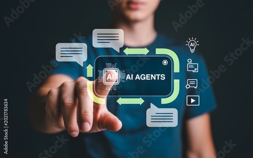 Person selects ai agents interface with interactive chat symbols and arrows.