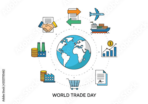 A global trade infographic with a world map surrounded by commerce icons