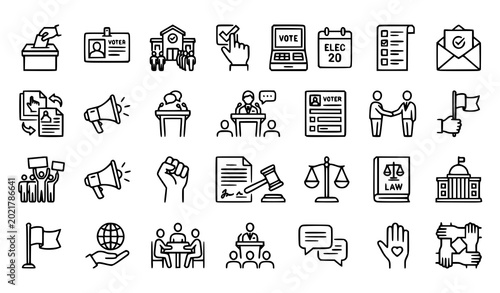 Election and Civic Participation Thin Line Icons Vector Set Democracy Protest Collection