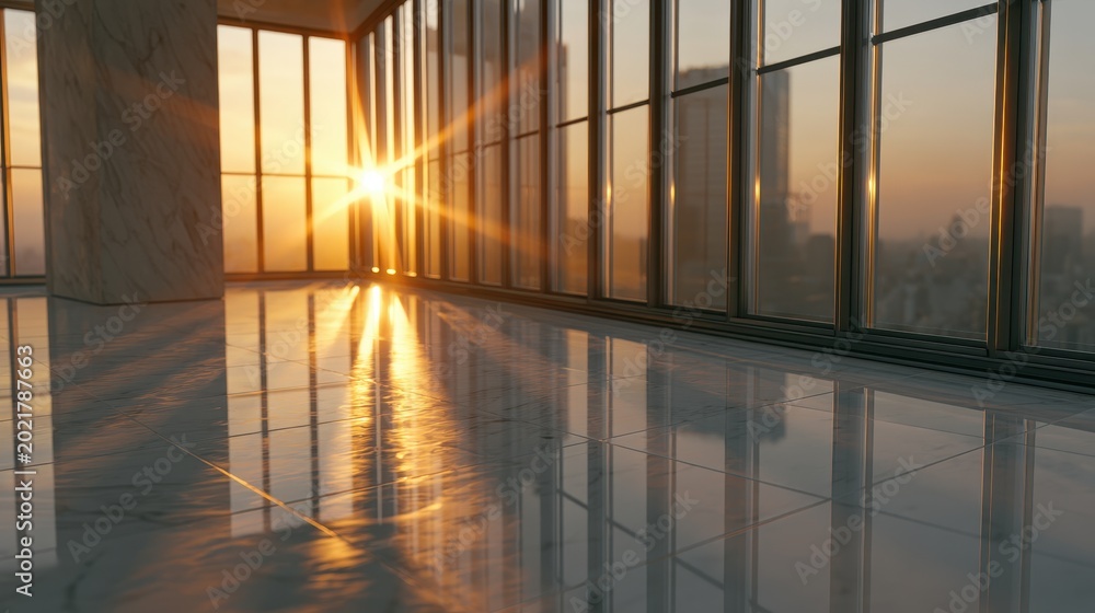 Fototapeta premium Modern office interior with sunset light streaming through windows overlooking city skyline for luxury real estate and corporate marketing