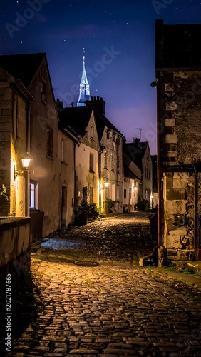 Cobblestone street lined with buildings at night under a starry sky