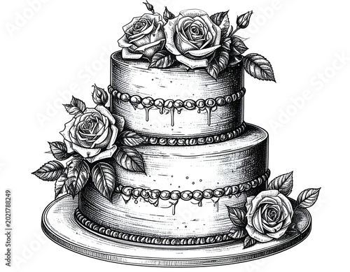 Elegant Black and White Three Tier Wedding Cake with Roses Isolated