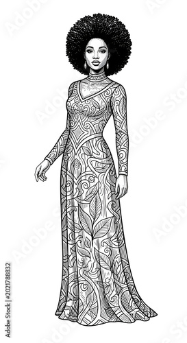 Elegant Black Woman Afro Hairstyle Long Patterned Dress