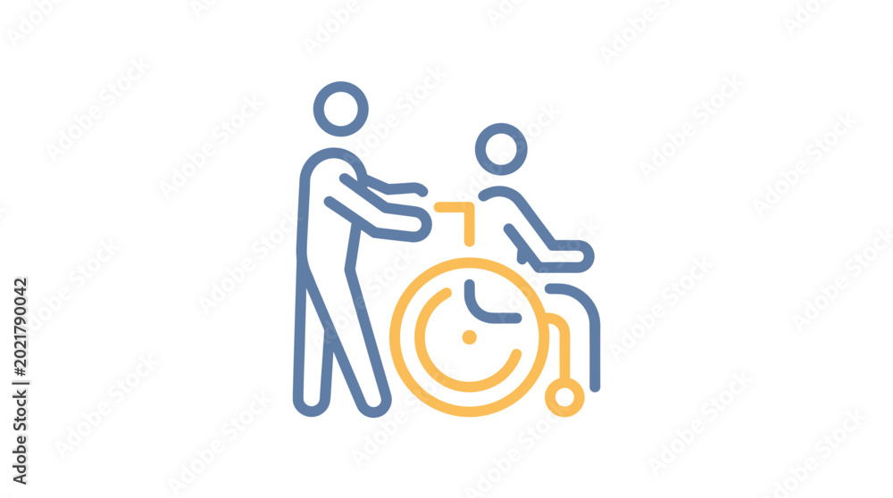 Fototapeta premium Icon illustrating a caregiver pushing a person in a wheelchair, symbolizing help and support for mobility challenges.