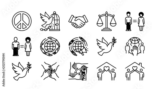 Tableau sur toile Modern peace and human rights outline icon set equality activism and solidarity