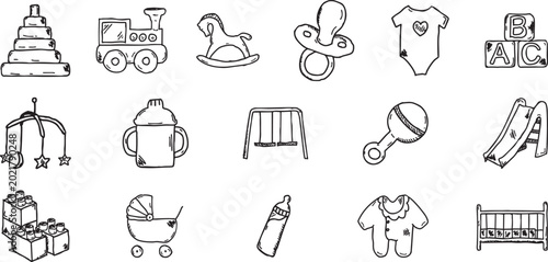 Set of sixteen hand-drawn doodle baby items and toys including stacking rings, train, rocking horse, pacifier, and building blocks.