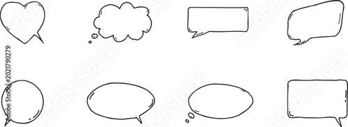 Set of eight hand-drawn doodle speech bubbles with various shapes and styles including heart, cloud, rectangular, and oval.