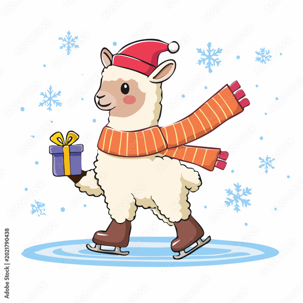 Obraz premium Cute Llama Ice Skating with Gift and Snowflakes
