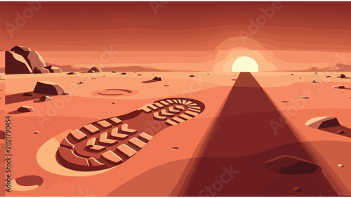 Bild auf Leinwand Mars Exploration Footprint Sunset - Space Travel & Colonization Concept