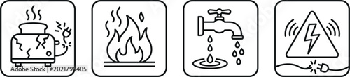 Foto Home safety hazard line icon set featuring broken toaster fire flame leaking wat