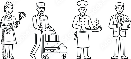 Fotografie Hotel service workers line art characters set including cleaning maid bellboy wi