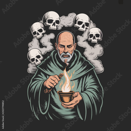 Foto Man with green robe holding burning cup.
