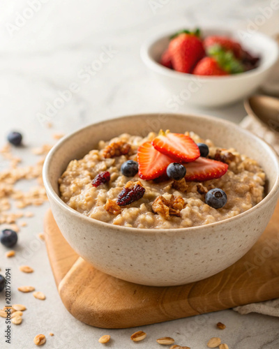 oatmeal bowl, commercial stock photo style, warm realistic tones, generate AI 