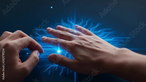 Digital Connection: Human hands interacting with a glowing digital interface, representing the seamless fusion of technology and the human touch.