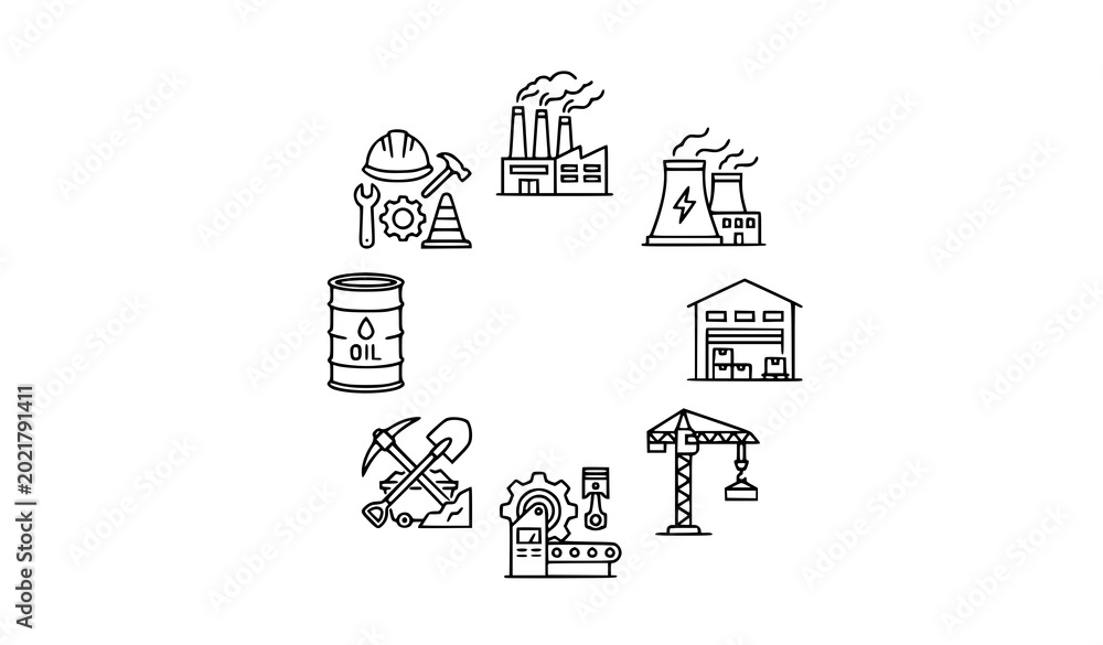 Fototapeta premium Minimal industry icon set thin line manufacturing construction and energy symbols vector isolated on white background