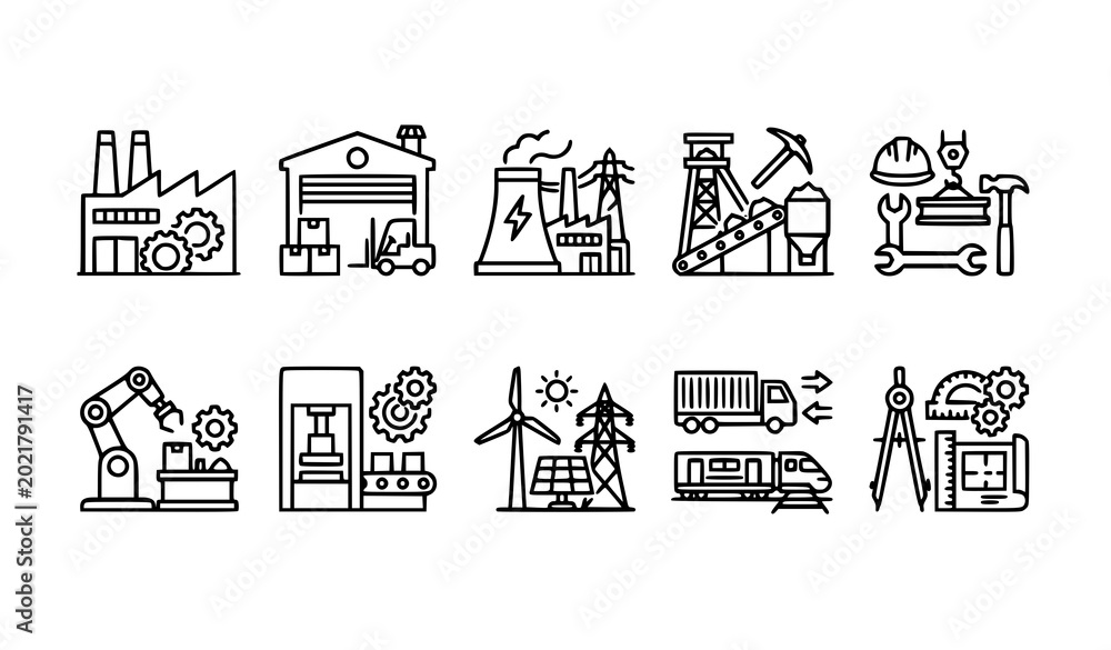 Fototapeta premium Modern industry outline icon set factory production and energy infrastructure vector isolated on white background