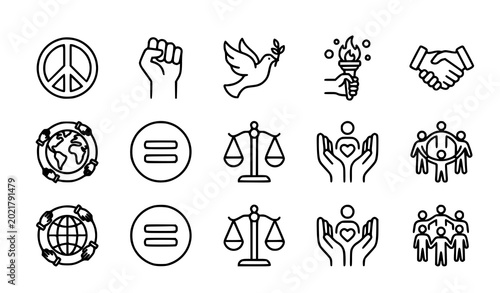 Schilderij op canvas Peace and human rights line icon set activism freedom and global unity vector is