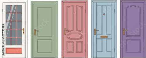Billede på lærred Set of colorful residential front door illustrations featuring various classic p