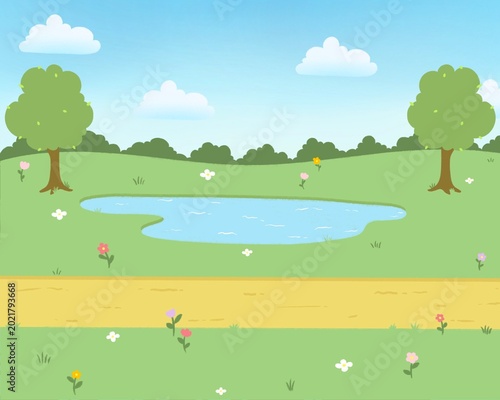 A serene landscape featuring a pond surrounded by trees and flowers in a green field under a blue sky